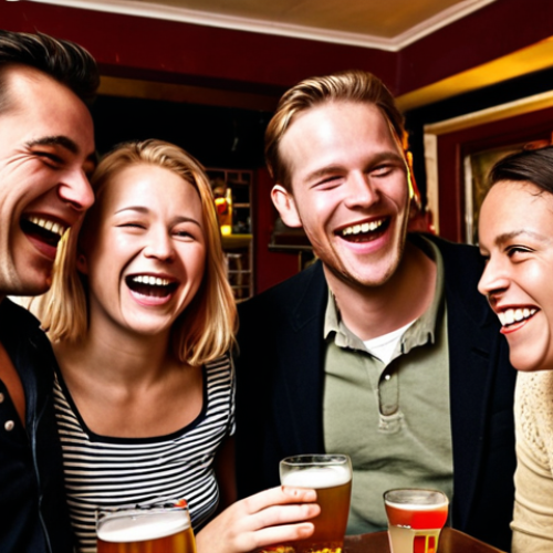 Home 4 **Prompt:** A group of diverse expats laughing together at a "stamcafé" (local pub) in Amsterdam. The background shows typical Dutch "gezelligheid" (coziness) with warm lighting and traditional decor. Focus on capturing a welcoming and inclusive atmosphere.