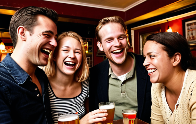**Prompt:** A group of diverse expats laughing together at a "stamcafé" (local pub) in Amsterdam. The background shows typical Dutch "gezelligheid" (coziness) with warm lighting and traditional decor. Focus on capturing a welcoming and inclusive atmosphere.
